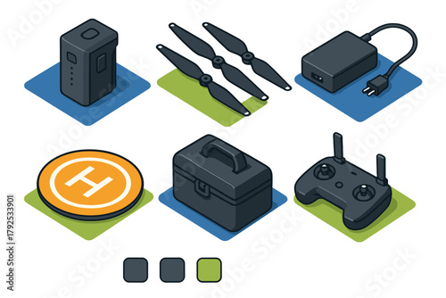 Essential aerial drone equipment set including battery remote controller and accessories