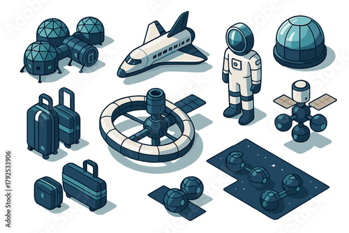 Isometric collection of space exploration objects including astronaut, shuttle, habitat, and luggage modules