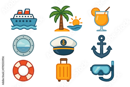 Summer vacation and sea travel symbols including cruise ship, anchor, and tropical island elements