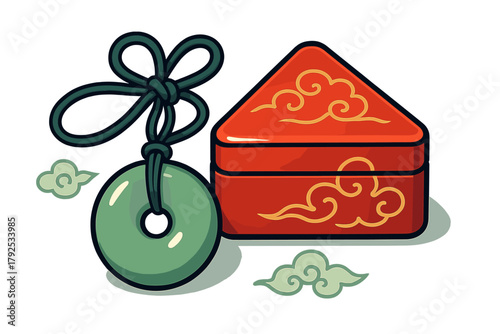 Traditional Chinese jade bi disc pendant and red triangular gift box with auspicious cloud patterns