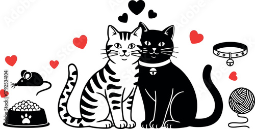 Two cats sitting together with love hearts and pet accessories vector illustration for romantic and affectionate animal theme