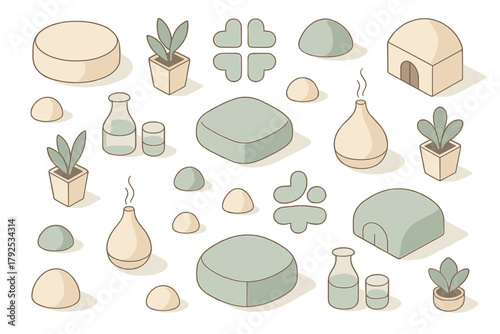 Isometric spa and wellness objects set featuring potted plants, smooth stones, and aroma diffusers