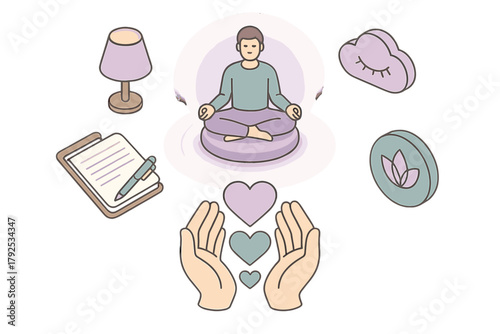 Meditating person practicing mindfulness and self-care surrounded by wellness icons