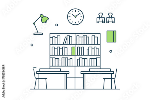 Minimalist study room interior with bookshelf, desks, chairs, clock, and adjustable desk lamp