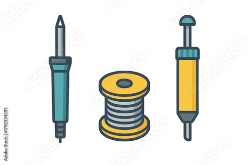 Soldering iron, solder wire spool, and solder sucker tools for electronics repair