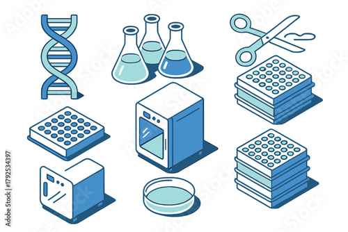Isometric biotechnology and genetic research tools with DNA helix, flasks, and lab equipment