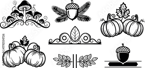 Autumn decorative elements with pumpkins acorns leaves and swirls in vintage style vector set for seasonal design