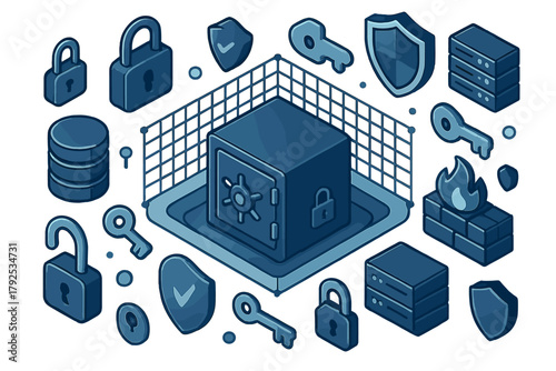 Digital security and data protection concept featuring isometric safe, locks, keys, and shields