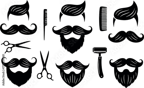 Men’s grooming icons with mustache beard scissors comb razor hair styling tools vector set