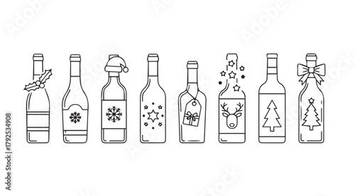 Collection of christmas themed wine bottle silhouettes with festive decorations