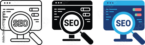SEO symbol  in various styles including line art, silhouette and color vector, Search Engine Optimization Illustration design