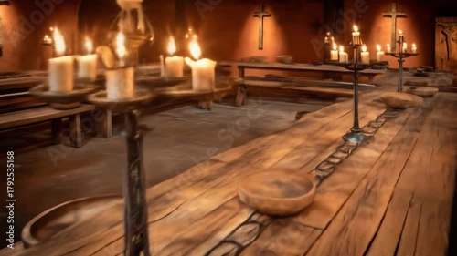 Wallpaper Mural Dimly lit interior, featuring rustic wood tables, candles, and cross decor. Warm ambient lighting, bowls present Torontodigital.ca