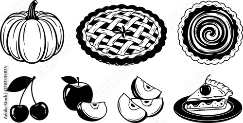 Pumpkin apple cherry pie slices whole fruit black and white vector illustration