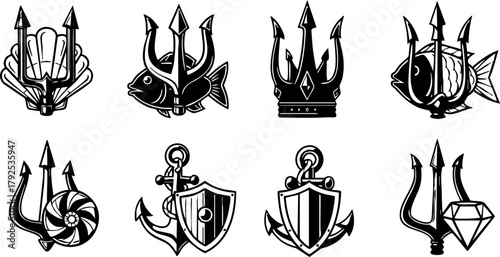 Nautical marine symbols collection with tridents anchors shields fish and crown icons in black line art style vector illustration