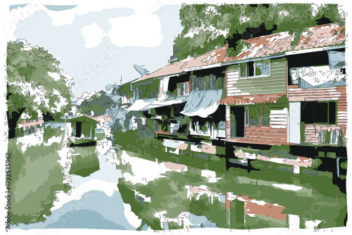 Sketch-style impressionnist painting,Bangkok canals communities,Thailand,Digital illustration vector image