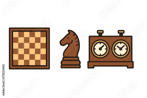 Essential equipment for playing chess including a wooden board, a knight piece, and a vintage dual timer clock
