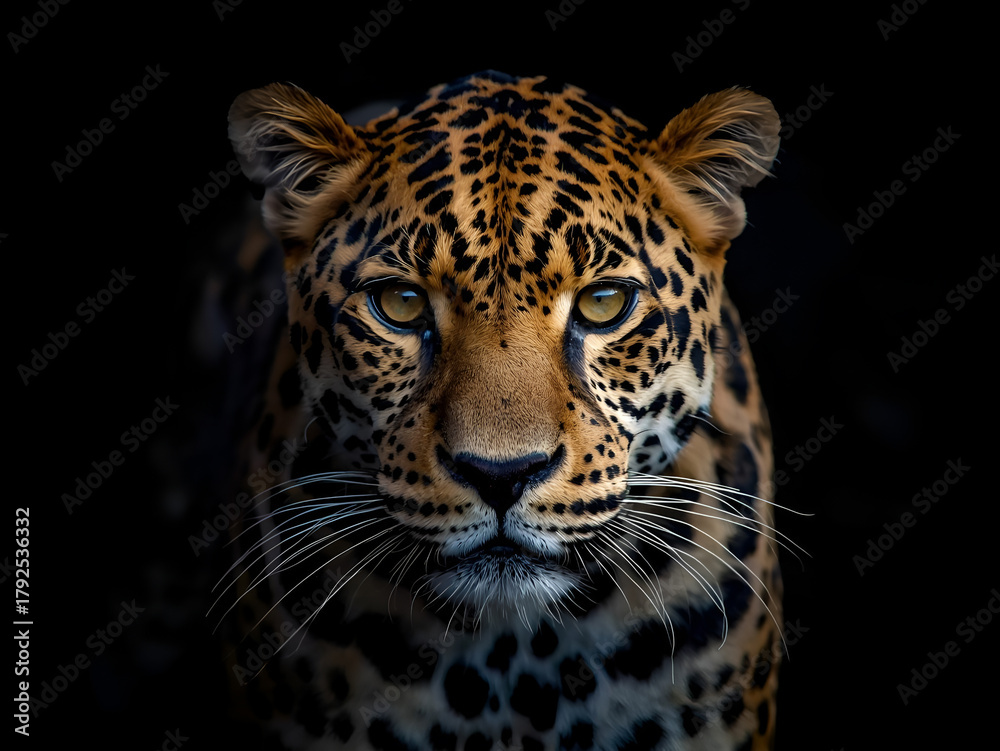 Obraz premium Intense Dramatic Portrait of a Leopard with Piercing Eyes and Detailed Fur Pattern Emerging from Dark Low-Key Lighting
