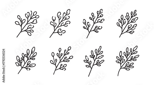 Collection of eight delicate hand drawn botanical branch silhouettes in a simple sketch style silhouette