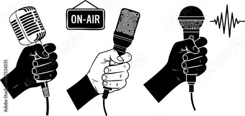 Microphone hand holding set broadcasting podcast recording interview sound equipment vector illustration