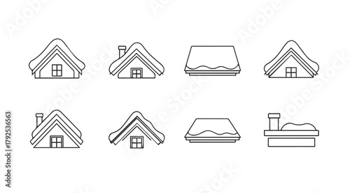 Collection of a frame cabin and simple house outlines with snow covered roofs silhouette