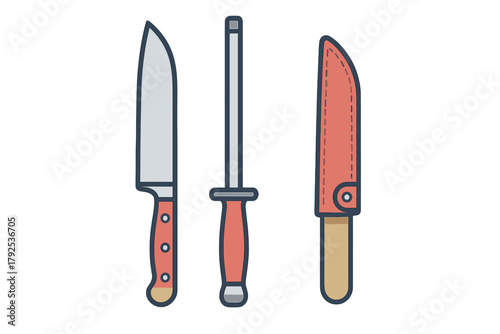 Set of essential kitchen tools including chef knife sharpening steel and protective sheath