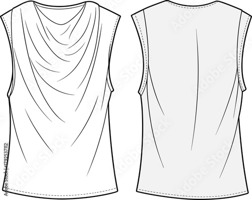 Women's draped neckline sleeveless top technical flat fashion sketch front and back view, elegant clothing design template for apparel designers