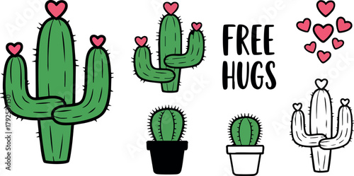 Cute cartoon cactus characters with hearts and free hugs text vector illustration for playful design and decoration