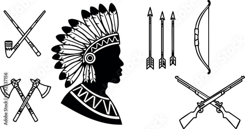 Native American Indian Chief Silhouette with Traditional Headdress and Historical Hunting Weapons Vector Illustration