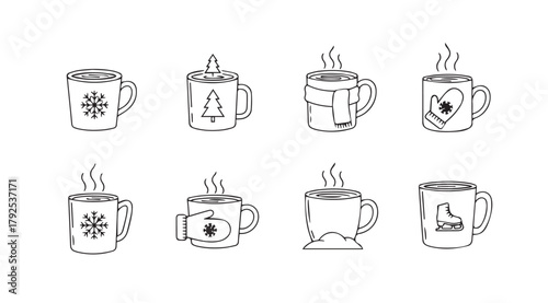 Collection of eight hand drawn hot drinks mugs with steam silhouette