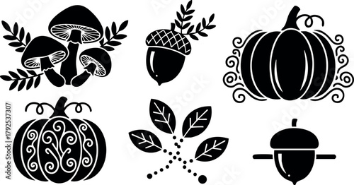 Autumn themed vector set with mushrooms pumpkins acorns and leaves in black silhouette style perfect for fall design projects