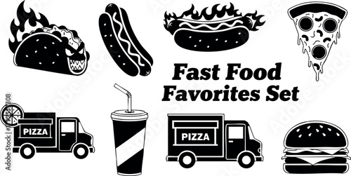 Fast food favorites set with taco hot dog pizza burger soda and food trucks vector illustration