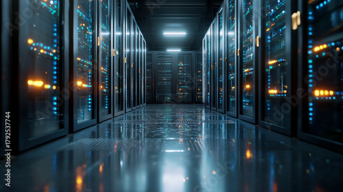 A view down a server room aisle with rows of data storage equipment racks