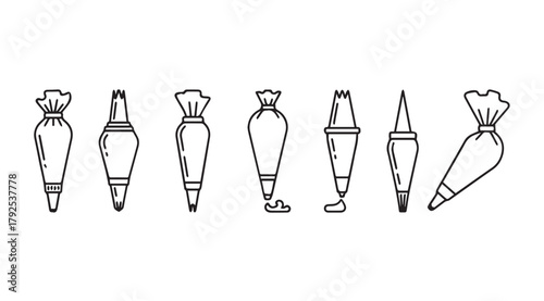 Collection of outlined baking piping bags with various tips silhouette