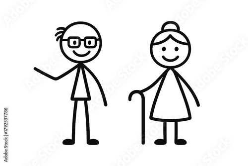 Minimalist black outline of happy senior couple stick figures standing together
