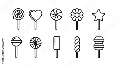 Collection of diverse lollipop shapes and designs in a clean black and white silhouette style