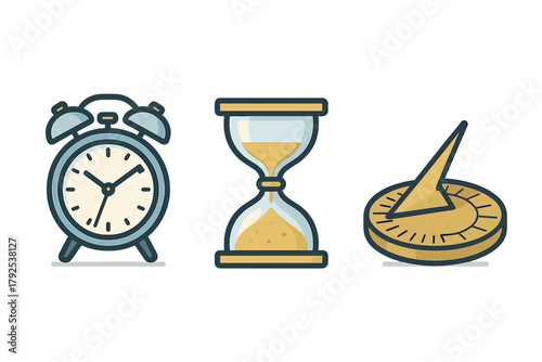 Alarm clock, hourglass, and sundial icons representing time measurement devices
