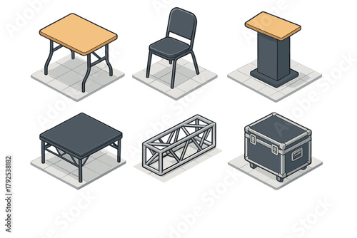 Isometric collection of event and stage equipment: folding table, chair, podium, truss, and road case