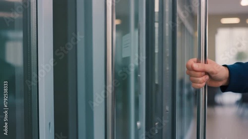 Close-up of Hand Opening and Closing Modern Glass Office Door with Silver Handle