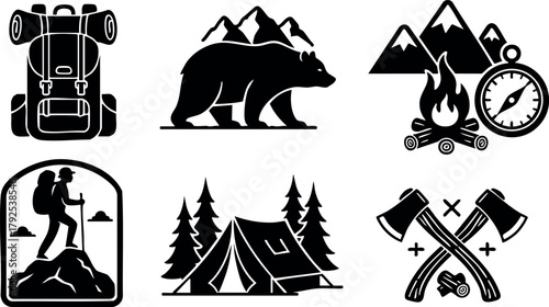 Outdoor camping and hiking icons with bear mountain tent and compass vector design
