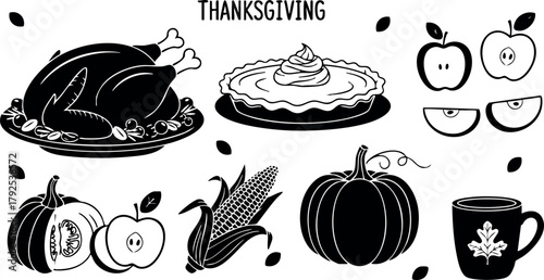 Thanksgiving holiday dinner with roasted turkey pumpkin pie and autumn harvest fruits vector illustration