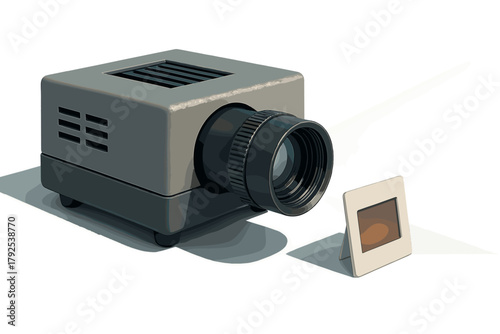 Vintage slide projector and single photographic transparency frame on a clean white background