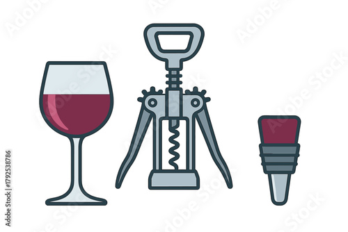 Red wine glass, corkscrew, and bottle stopper set for beverage service