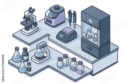 Essential scientific research laboratory equipment arranged on a clean isometric workbench