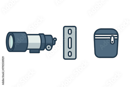 Optical device lens, camera mounting plate, and zippered protective carrying case
