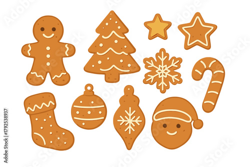 Holiday gingerbread cookies set decorated with white icing, featuring Christmas tree, stocking, and snowflake shapes