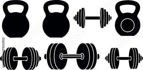 Kettlebells and Dumbbells Vector Set for Fitness Training Equipment Design Icons