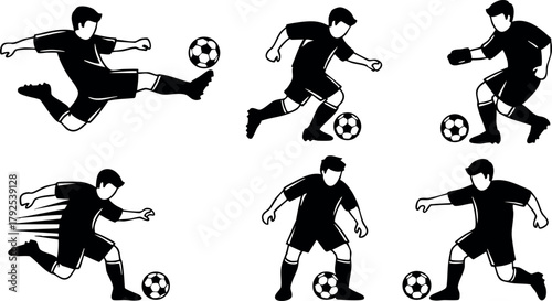 Soccer players kicking and dribbling ball in dynamic action poses vector set
