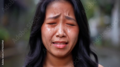 Close-up Portrait of a Young Asian Woman Crying with Tears and Closed Eyes, Expressing Deep Sadness and Emotional Pain