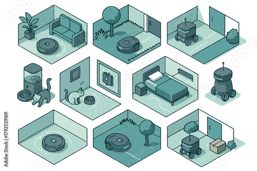 Isometric smart home automation set with robots and domestic scenes