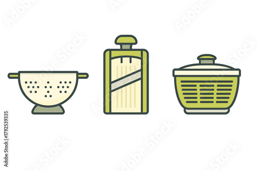 Colander, mandoline slicer, and salad spinner set for kitchen food preparation